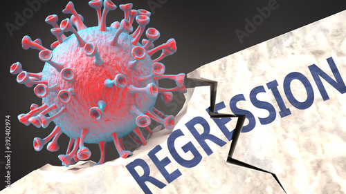 Covid virus causing regression, breaking an established and sturdy structure creating regression in the world, 3d illustration