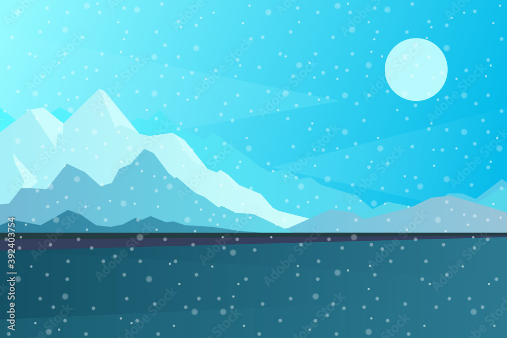 Winter. Mountains. Snowfall. Abstract landscape, Vector banner with polygonal landscape illustration, Minimalist style, Flat design Winter. Mountains. Snowfall. Abstract landscape, Vector banner with polygonal landscape illustration, Minimalist style, Flat design