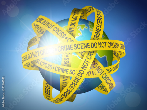 World globe with crime scene tape on sky