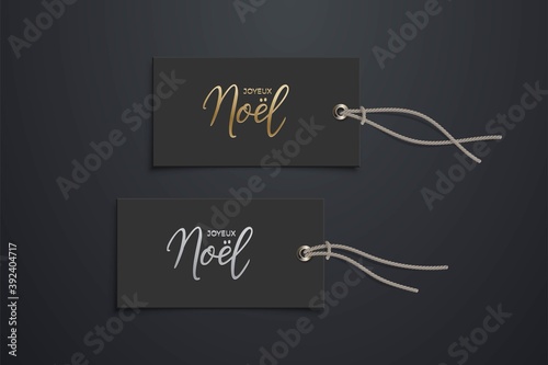Black price French Christmas discount tag mockup templates. Rectangle sale cards with strings for clothes with gold Joyeux Noel text on black background vector illustration. Realistic design