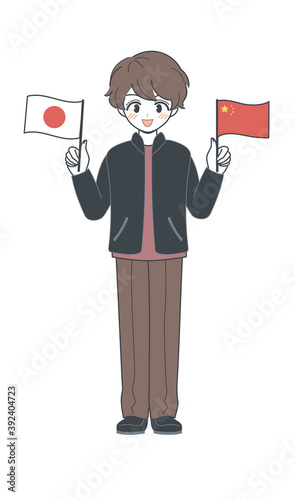 中国旗と日本国旗を持つおにいさん・ベクター