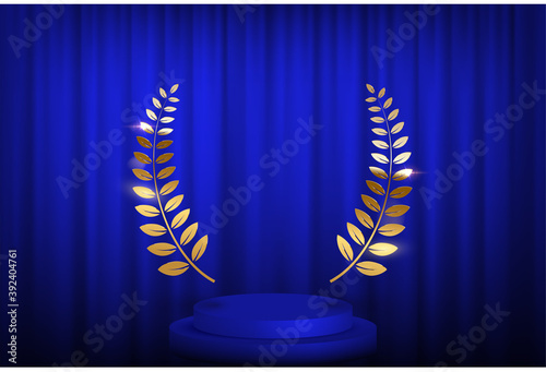 Golden laurel wreath over blue round podium with steps in front of the curtains. Vector illustration.