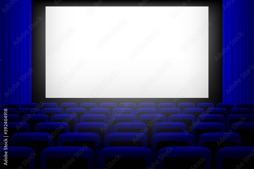 Screen in movie theater with blue curtains and seats background. Empty cinema auditorium vector illustration. Film presentation or performance event. Watching entertainment scene