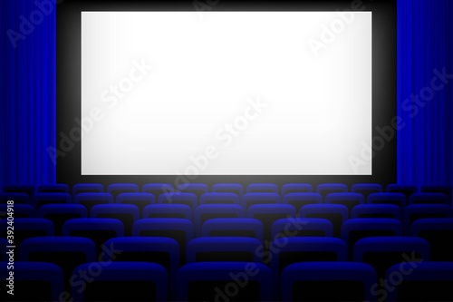 Screen in movie theater with blue curtains and seats background. Empty cinema auditorium vector illustration. Film presentation or performance event. Watching entertainment scene