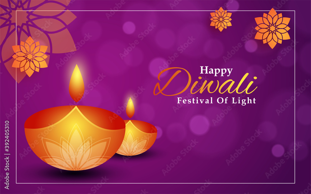 Beautiful Diwali festival banner background design in purple color with bokeh effect