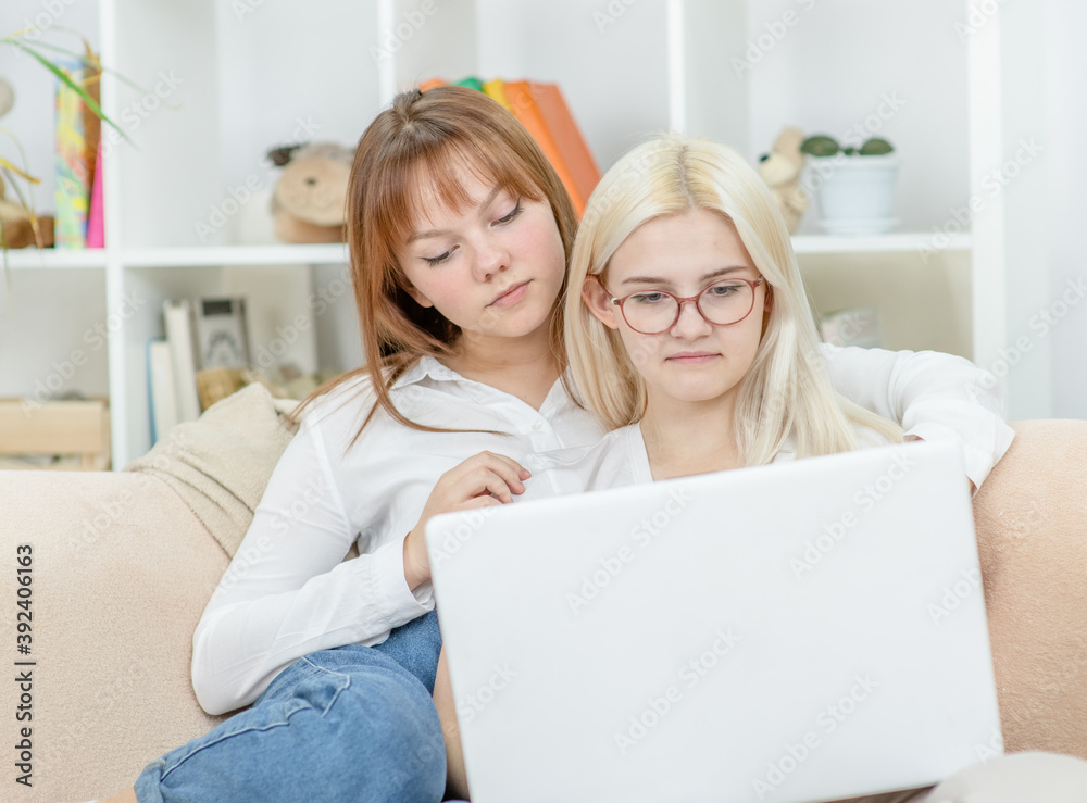 Happy lesbian couple embracing and using laptop at home. Lesbian couple concept Happy lesbian couple embracing and using laptop at home. Lesbian couple concept