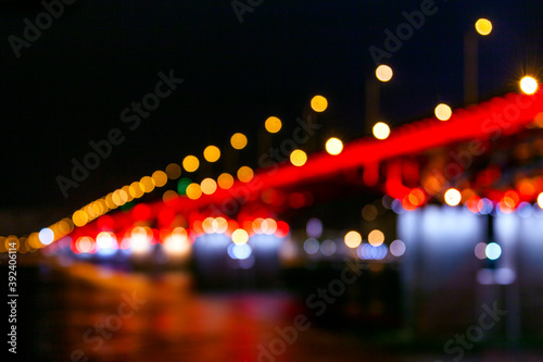 background of the defocused lights of the night city, a bridge across the river