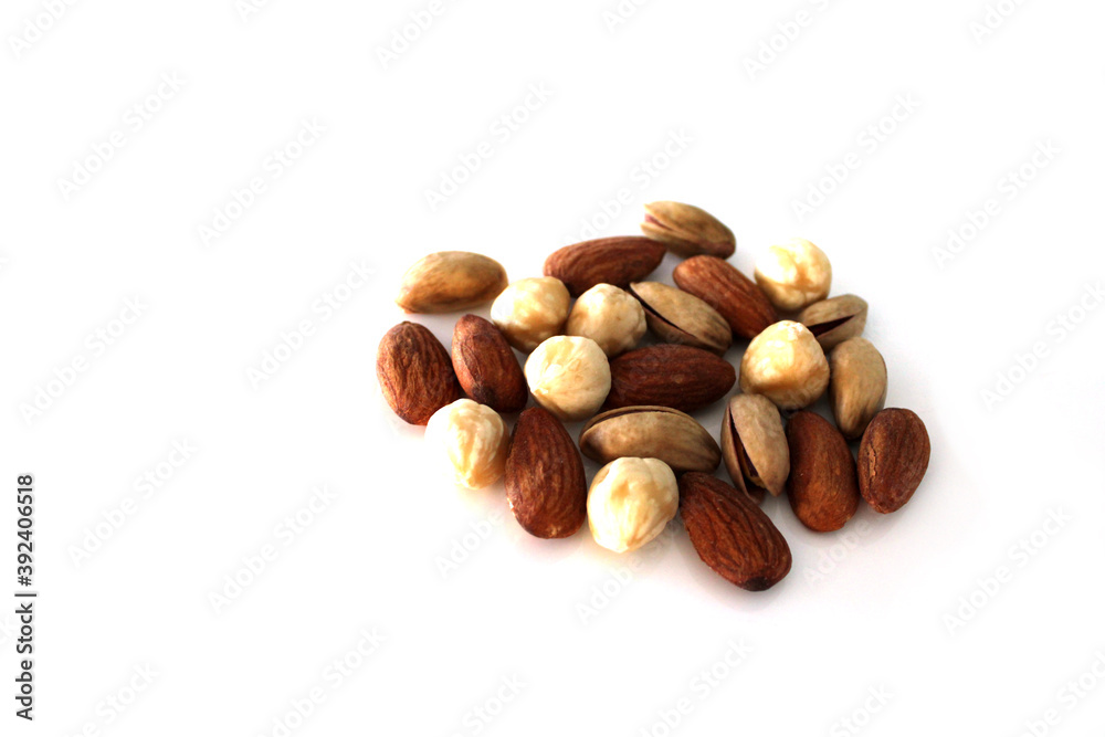 Mixed nuts and dry fruits, white background Mixed nuts and dry fruits, white background