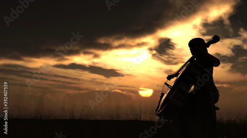 Fotografering Signle woman musician playing cello alone in nature with impressive sunset view