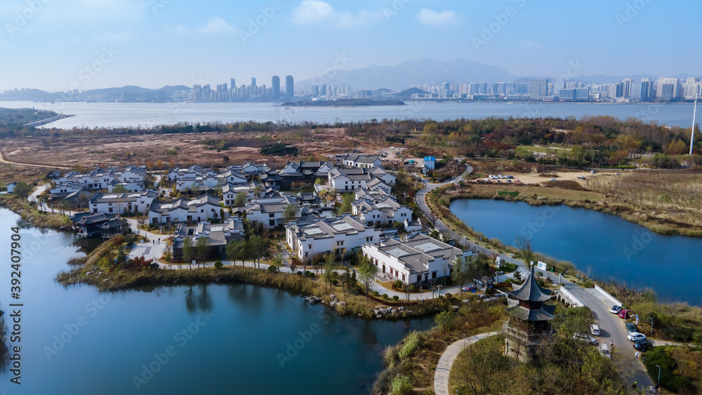 Fototapeta premium Aerial photography of autumn scenery in the beautiful rural town of Qingdao, China