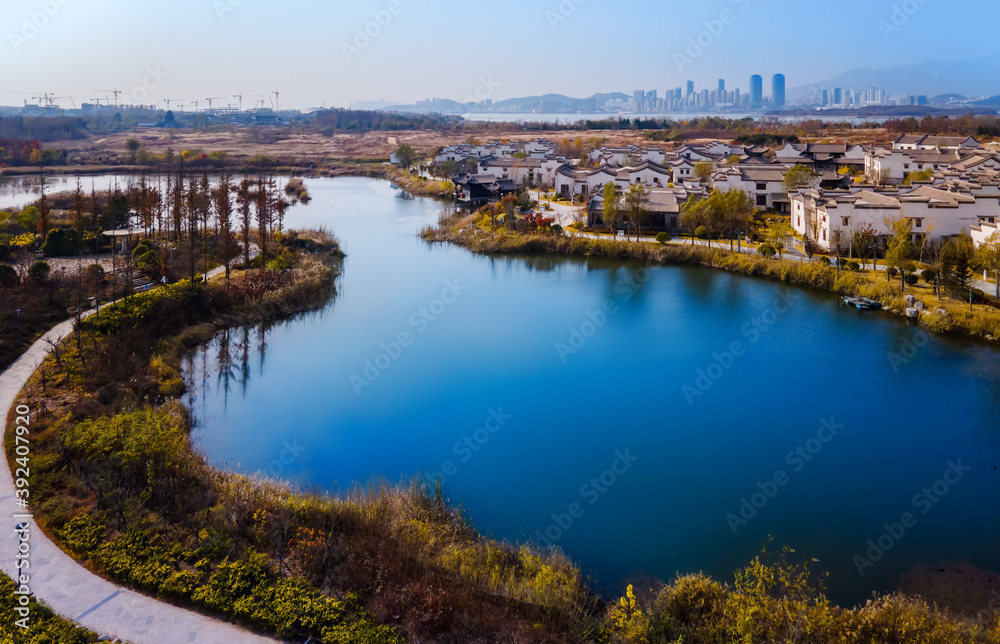 Aerial photography of autumn scenery in the beautiful rural town of Qingdao, China