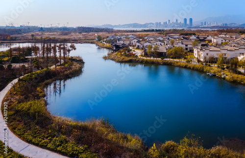 Aerial photography of autumn scenery in the beautiful rural town of Qingdao, China