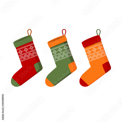 Set of multi-colored knitted insulated Christmas socks for gifts, color vector illustration in flat style, clip art, design, decoration, icon, sticker, applique, poster