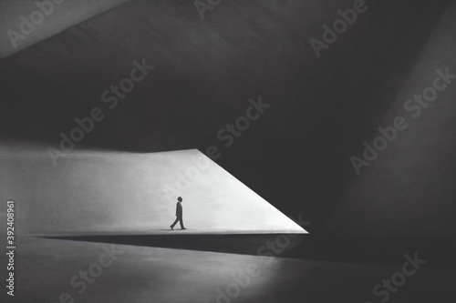 illustration of business man walking under modern minimal architecture