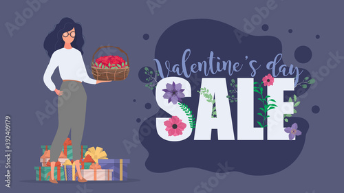 Valentine's Day Sale. The inscription on the theme of Valentine's Day. Girl holding a basket of roses. Vector.