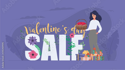 Valentine's Day Sale. The inscription on the theme of Valentine's Day. Girl holding a basket of roses. Vector.