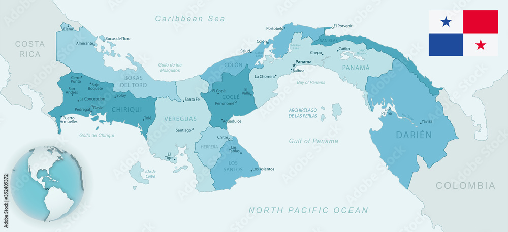 Fototapeta premium Blue-green detailed map of Panama administrative divisions with country flag and location on the globe.
