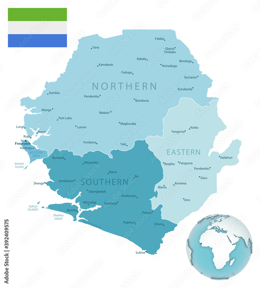 Sierra Leone administrative blue-green map with country flag and ...
