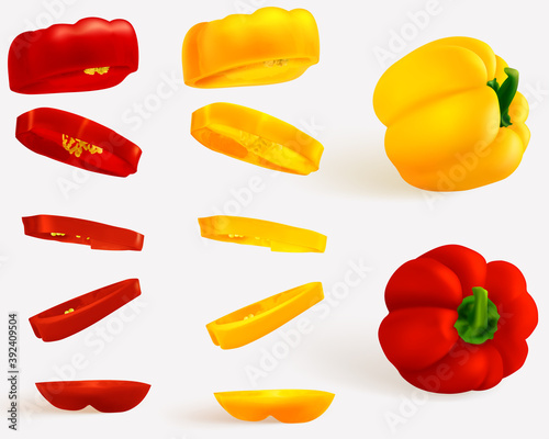 Slice pepper, Hungarian pepper, realistic sweet papper. Capsicum habanero colorful paprika isolated on light background.