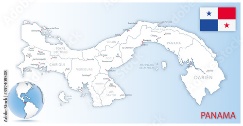 Detailed Panama administrative map with country flag and location on a blue globe.