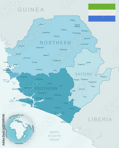 Fototapeta Naklejka Na Ścianę i Meble -  Blue-green detailed map of Sierra Leone administrative divisions with country flag and location on the globe.