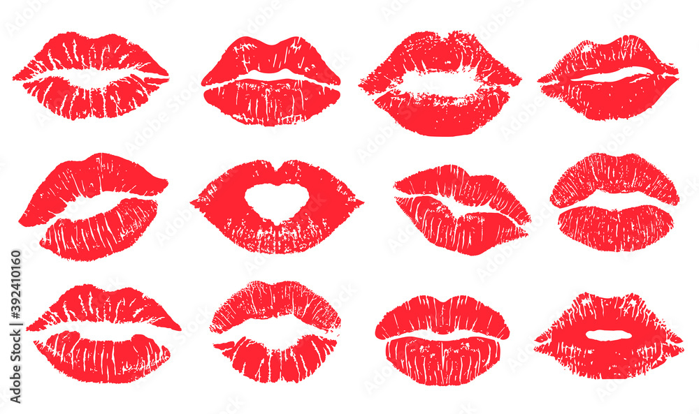 Female lips lipstick kiss print set for valentine day and love illustration. Collection of Lips marks with grunge effect. Vector illustration. - obrazy, fototapety, plakaty 
