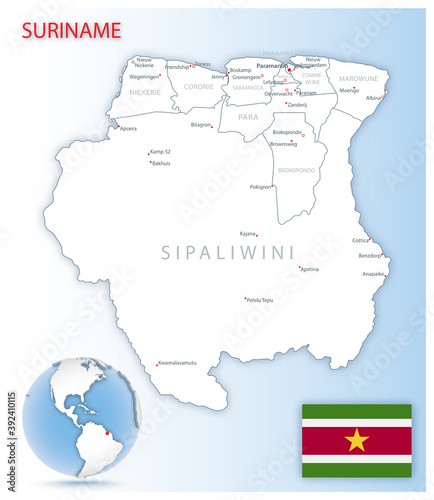 Detailed Suriname administrative map with country flag and location on a blue globe. photo