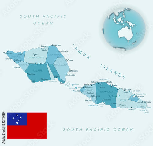 Blue-green detailed map of Samoa administrative divisions with country flag and location on the globe.