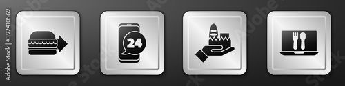 Set Online ordering burger delivery, Food ordering, Online ordering and delivery and Online ordering and delivery icon. Silver square button. Vector.