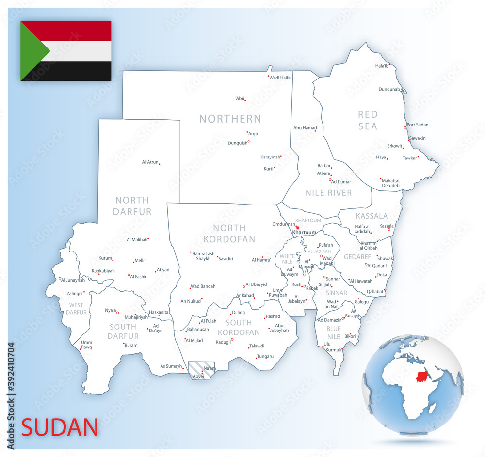 Detailed Sudan administrative map with country flag and location on a blue globe.