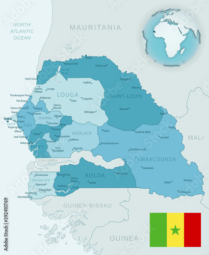 Fototapeta Naklejka Na Ścianę i Meble -  Blue-green detailed map of Senegal administrative divisions with country flag and location on the globe.