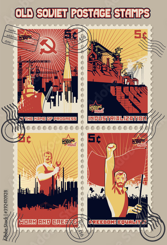 Old Soviet Propaganda Posters Style Postage Stamp Set, Industrial Backgrounds, Working Class, Workers, Factory