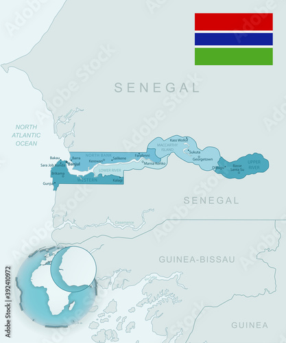 Blue-green detailed map of Gambia administrative divisions with country flag and location on the globe.