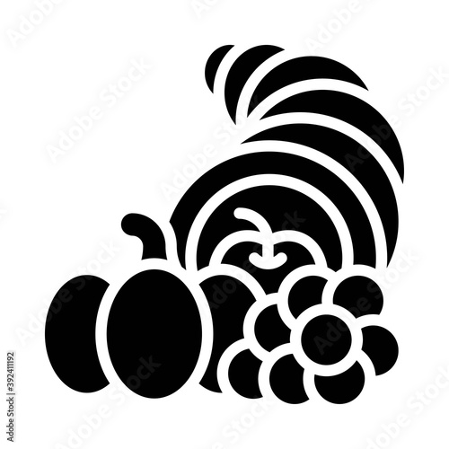 Cornucopia with fruit and vegetable icon, Thanksgiving related vector