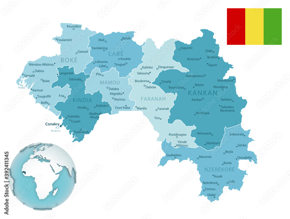 Obraz premium Guinea administrative blue-green map with country flag and location on a globe.
