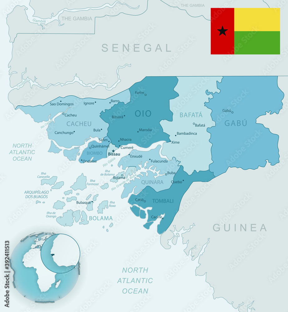 Blue-green detailed map of Guinea-Bissau administrative divisions with country flag and location on the globe. Vector illustration