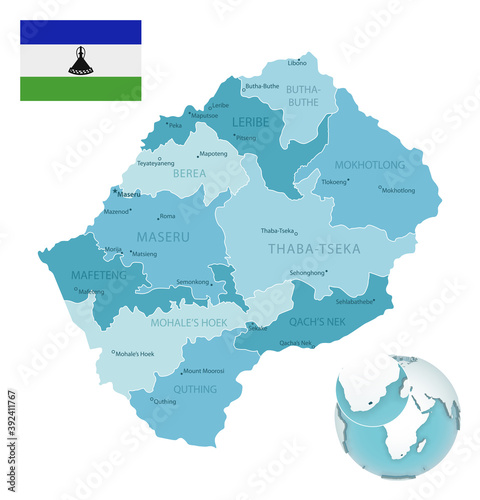 Lesotho administrative blue-green map with country flag and location on a globe. Vector illustration