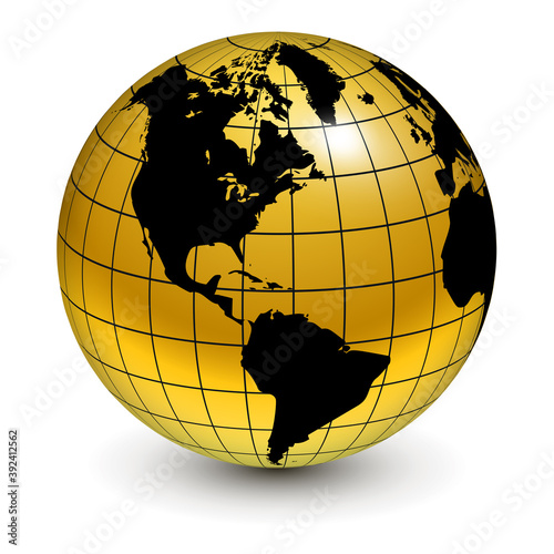 Earth globe 3D gold, realistic icon with  parallels and meridians, vector world sphere design. 