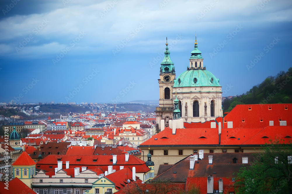 Prague view / panoramic landscape of the czech republic, Prague view with red roofs of houses from above, landscape in the European capital