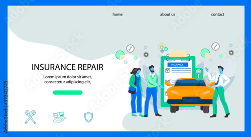 Advertising car repair services for insurance - website banner template with people characters, flat vector illustration. Design landing page for car repair workshop and insurance agency.