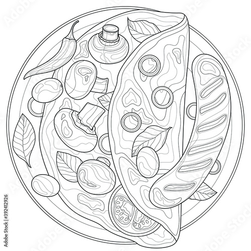 Omelet with sausage and mushrooms.Coloring book antistress for children and adults. Illustration isolated on white background.Zen-tangle style.