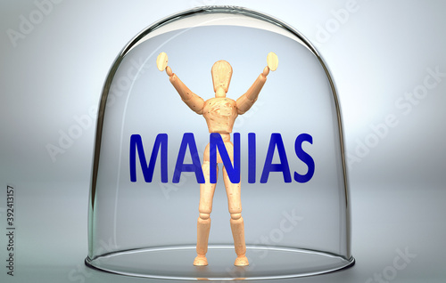 Manias can separate a person from the world and lock in an invisible isolation that limits and restrains - pictured as a human figure locked inside a glass with a phrase Manias, 3d illustration photo