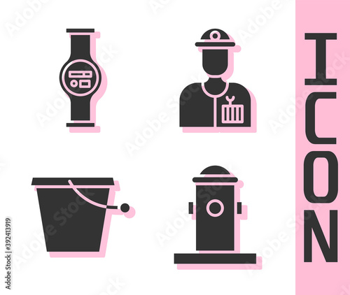 Set Fire hydrant, Water meter, Bucket and Plumber icon. Vector.