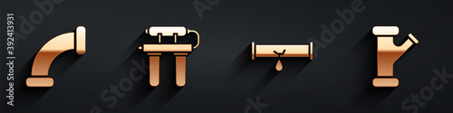 Set Industry metallic pipe, Water filter, Broken pipe with leaking water and Industry metallic pipe icon with long shadow. Vector.