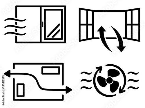 窓と換気扇の換気アイコンセット　モノクロ　Ventilation, windows, ventilation fan