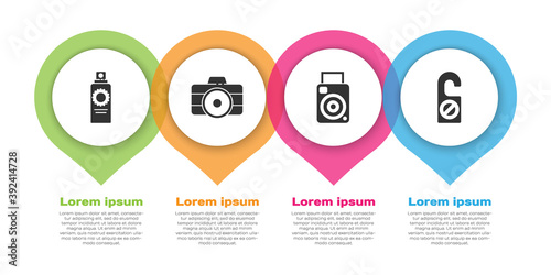 Set Sunscreen spray bottle, Photo camera, Photo camera and Please do not disturb. Business infographic template. Vector.