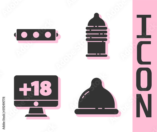 Set Condom, Silicone ball gag with belt, Monitor with 18 plus content and Condom safe sex icon. Vector.