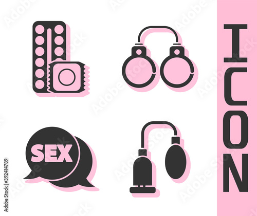Set Penis pump, Birth control pills and condom, Speech bubble with Sex and Sexy fluffy handcuffs icon. Vector.
