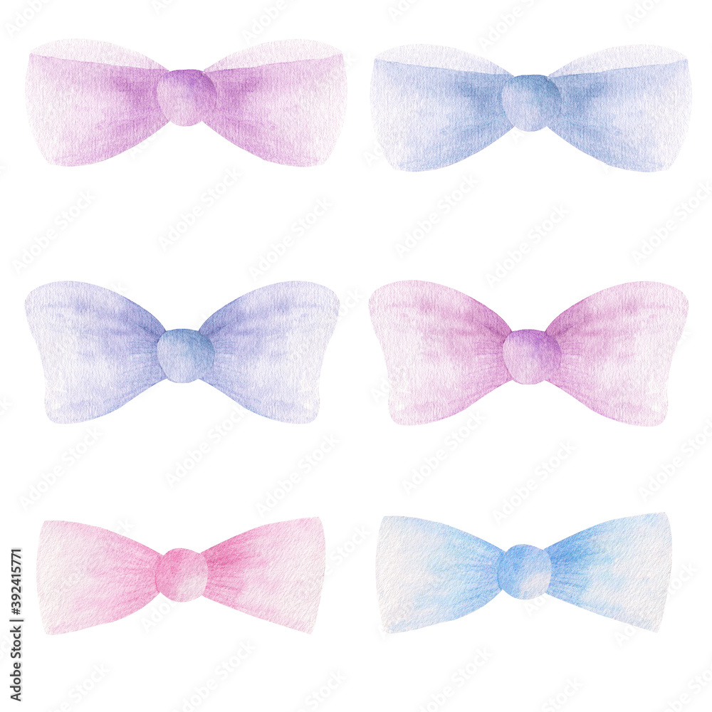 Watercolor bow tie. Hand painted ribbon. Colorful papillon set illustration isolated on white background.