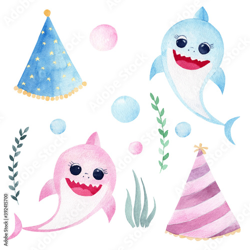 Obraz na płótnie Baby shark watercolor clipart. Hand painted smiling sharks, sea greenery, party hats and drops. w salonie